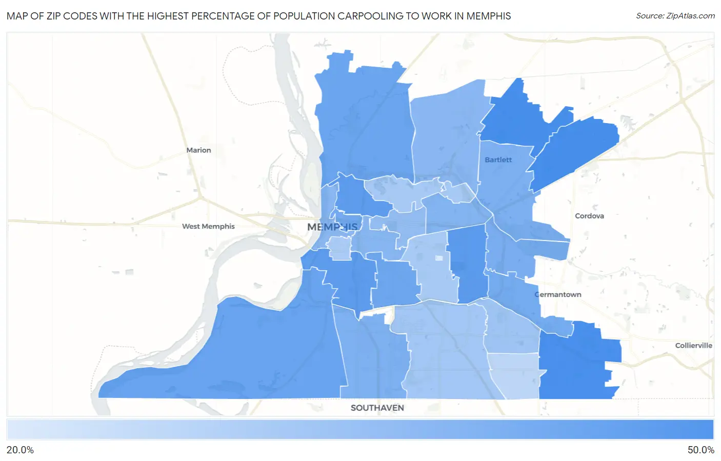 Zip Codes with the Highest Percentage of Population Carpooling to Work in Memphis Map