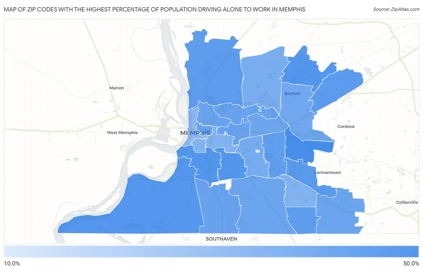 Zip Codes with the Highest Percentage of Population Driving Alone to Work in Memphis Map