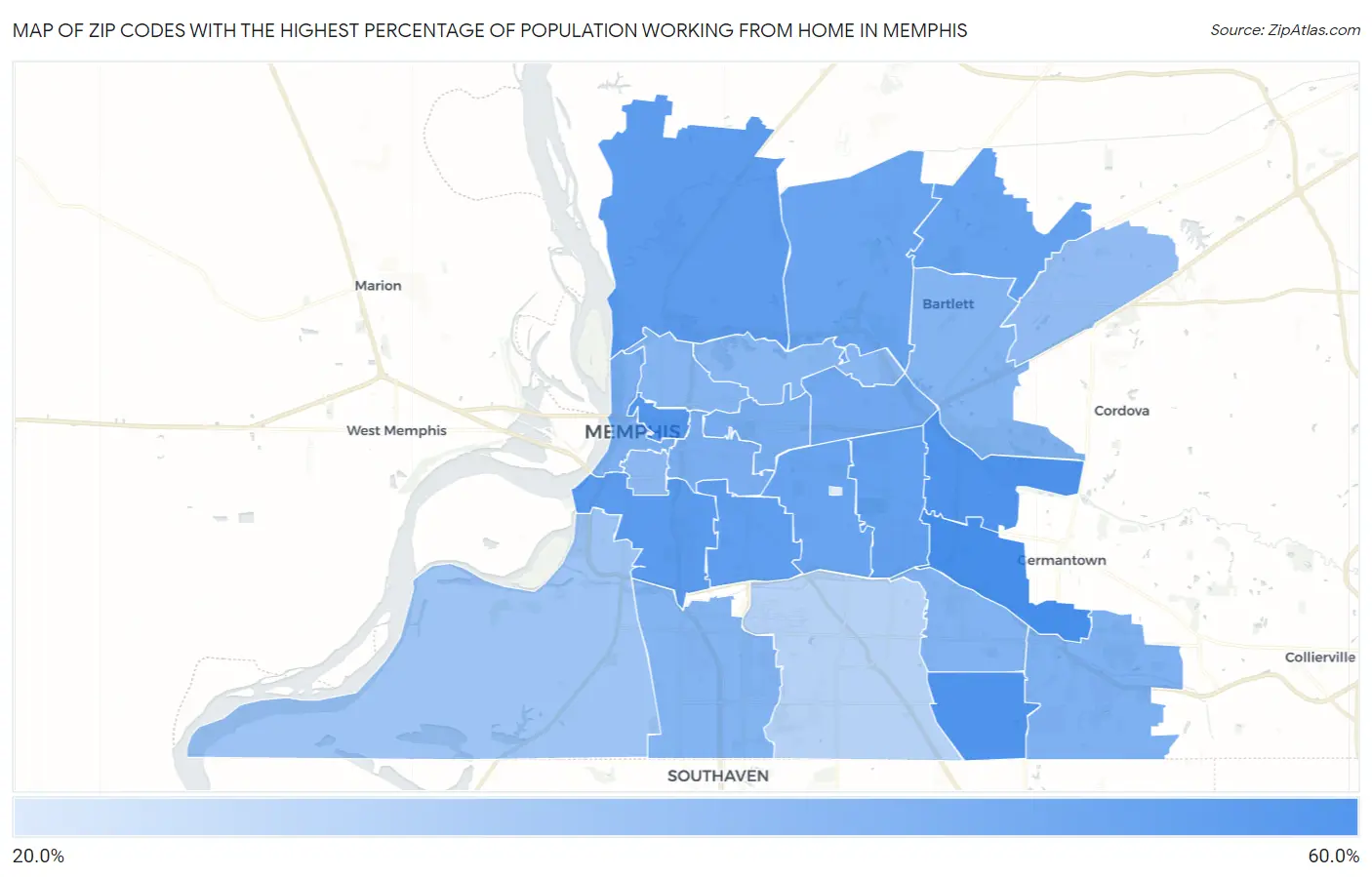 Zip Codes with the Highest Percentage of Population Working from Home in Memphis Map