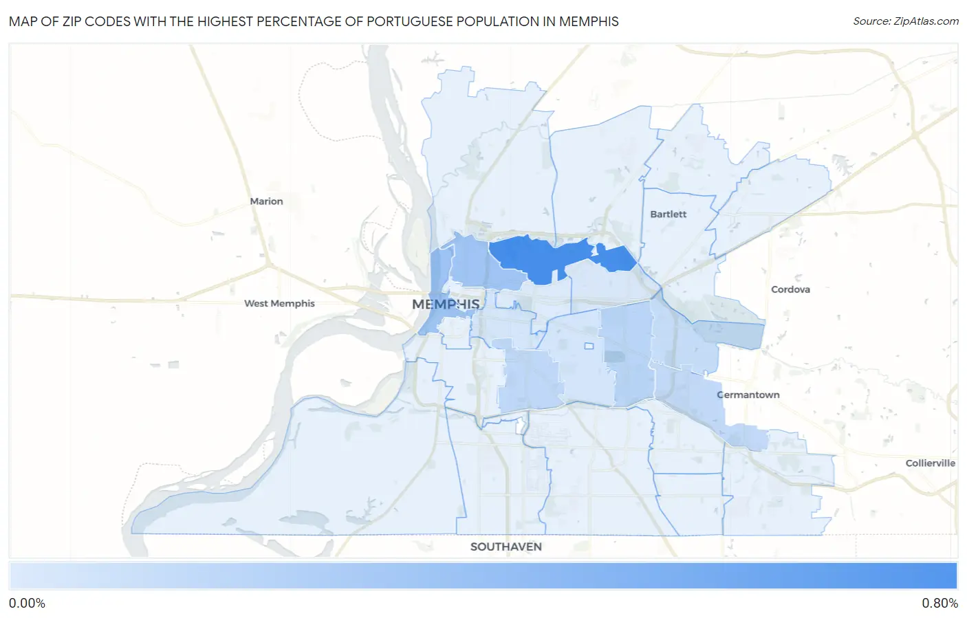 Zip Codes with the Highest Percentage of Portuguese Population in Memphis Map