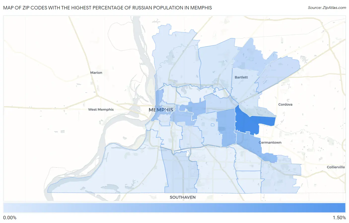 Zip Codes with the Highest Percentage of Russian Population in Memphis Map
