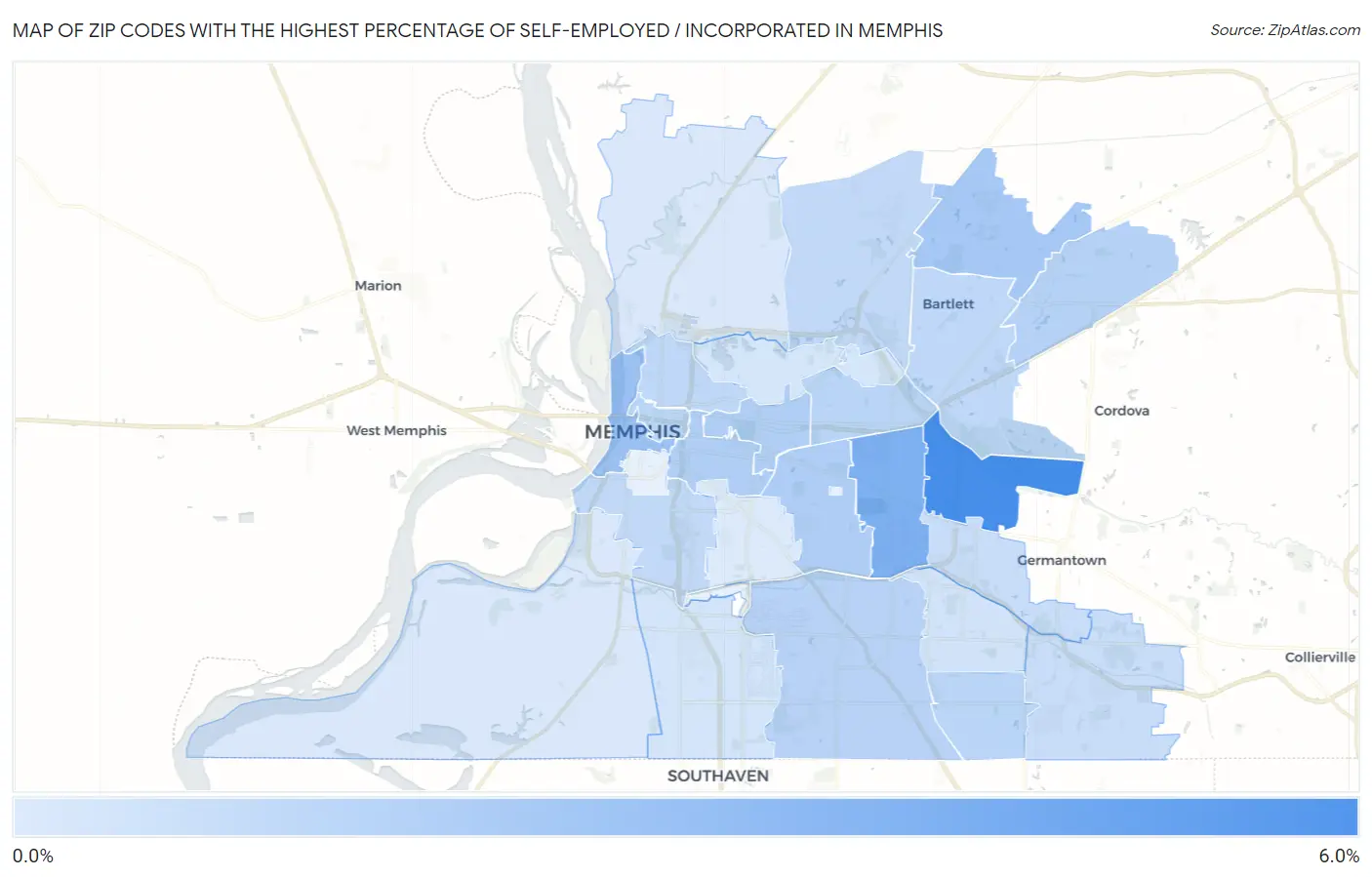 Zip Codes with the Highest Percentage of Self-Employed / Incorporated in Memphis Map