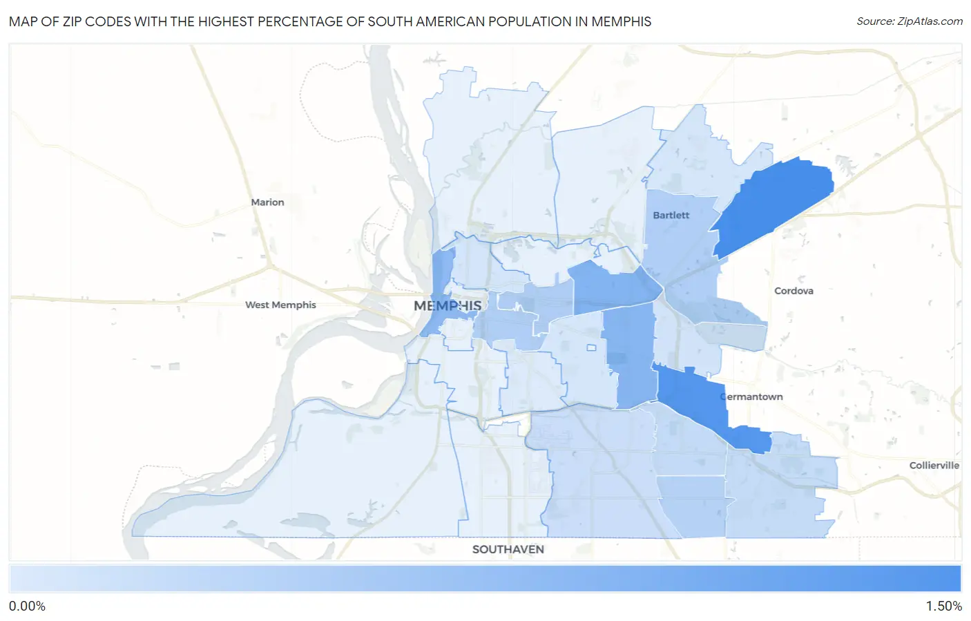 Zip Codes with the Highest Percentage of South American Population in Memphis Map
