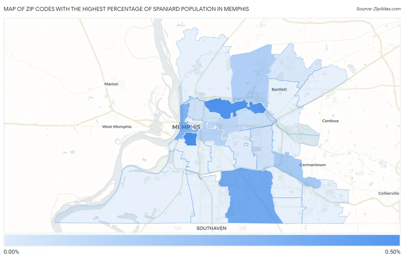 Zip Codes with the Highest Percentage of Spaniard Population in Memphis Map