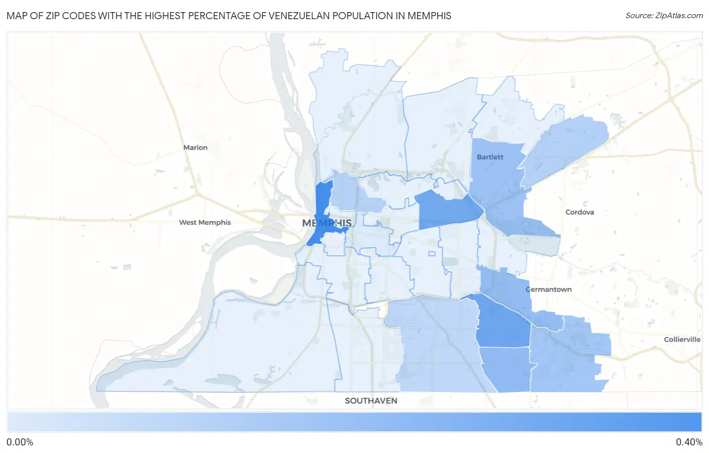 Zip Codes with the Highest Percentage of Venezuelan Population in Memphis Map
