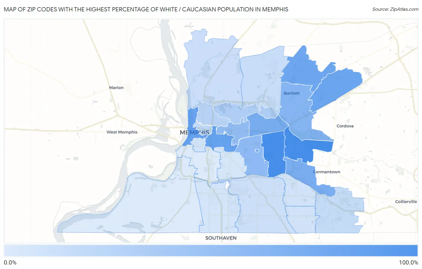 Zip Codes with the Highest Percentage of White / Caucasian Population in Memphis Map