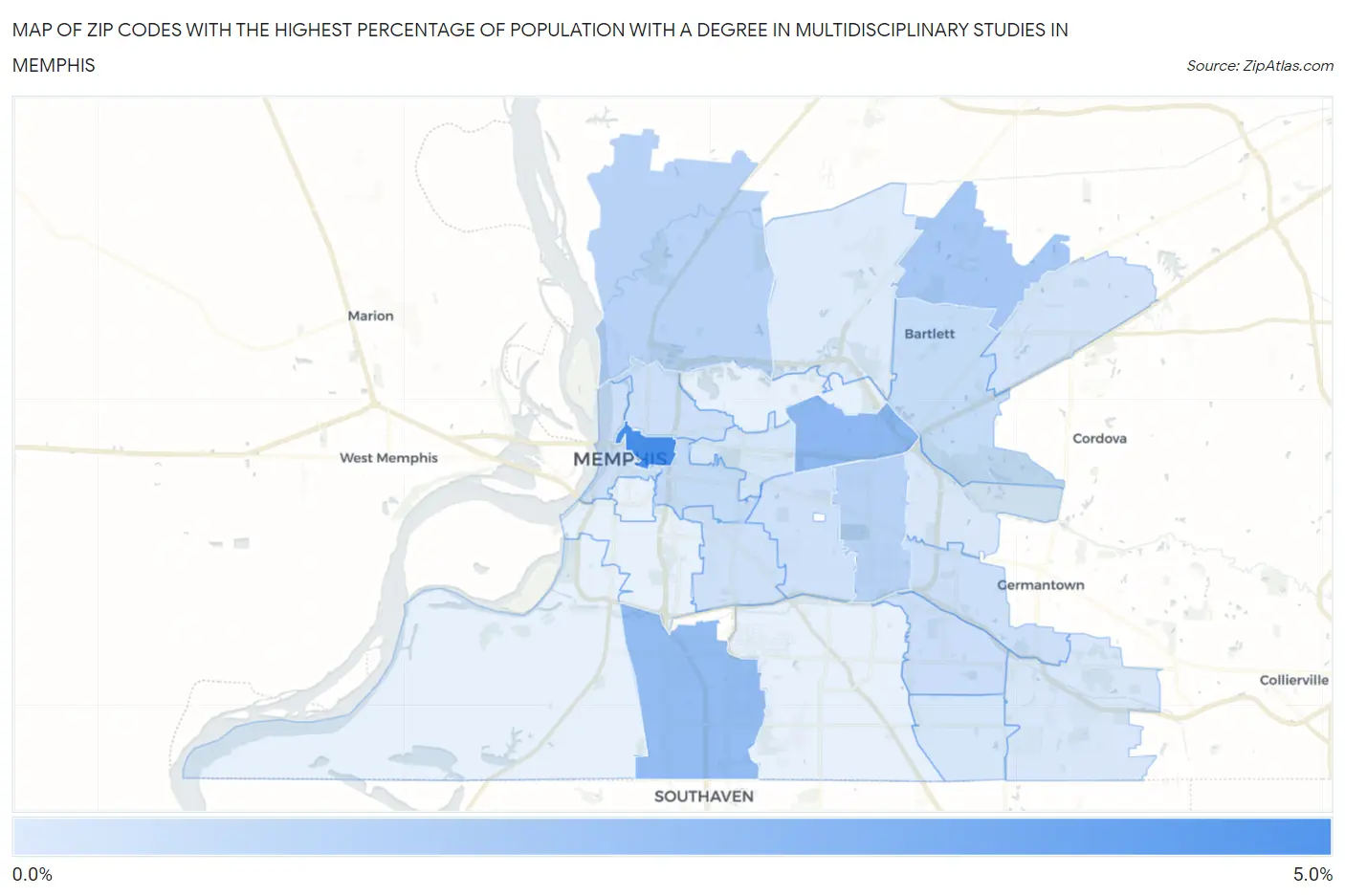 Zip Codes with the Highest Percentage of Population with a Degree in Multidisciplinary Studies in Memphis Map