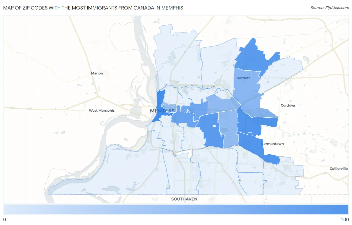 Zip Codes with the Most Immigrants from Canada in Memphis Map