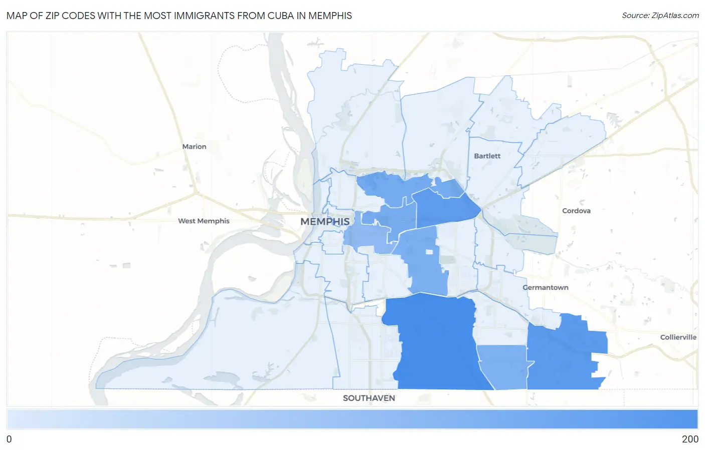 Zip Codes with the Most Immigrants from Cuba in Memphis Map