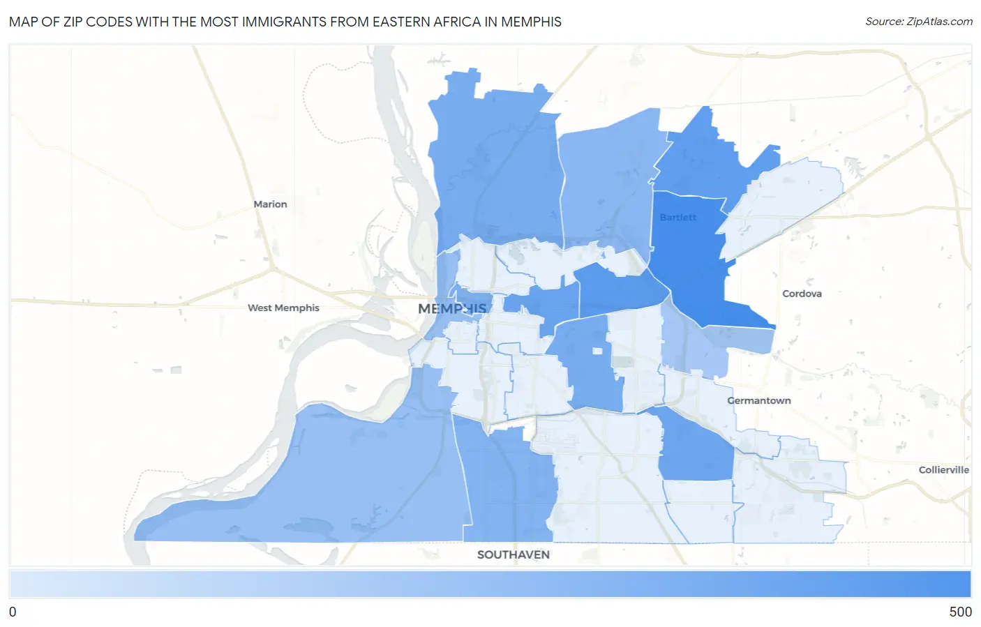 Zip Codes with the Most Immigrants from Eastern Africa in Memphis Map