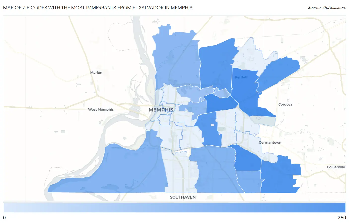 Zip Codes with the Most Immigrants from El Salvador in Memphis Map