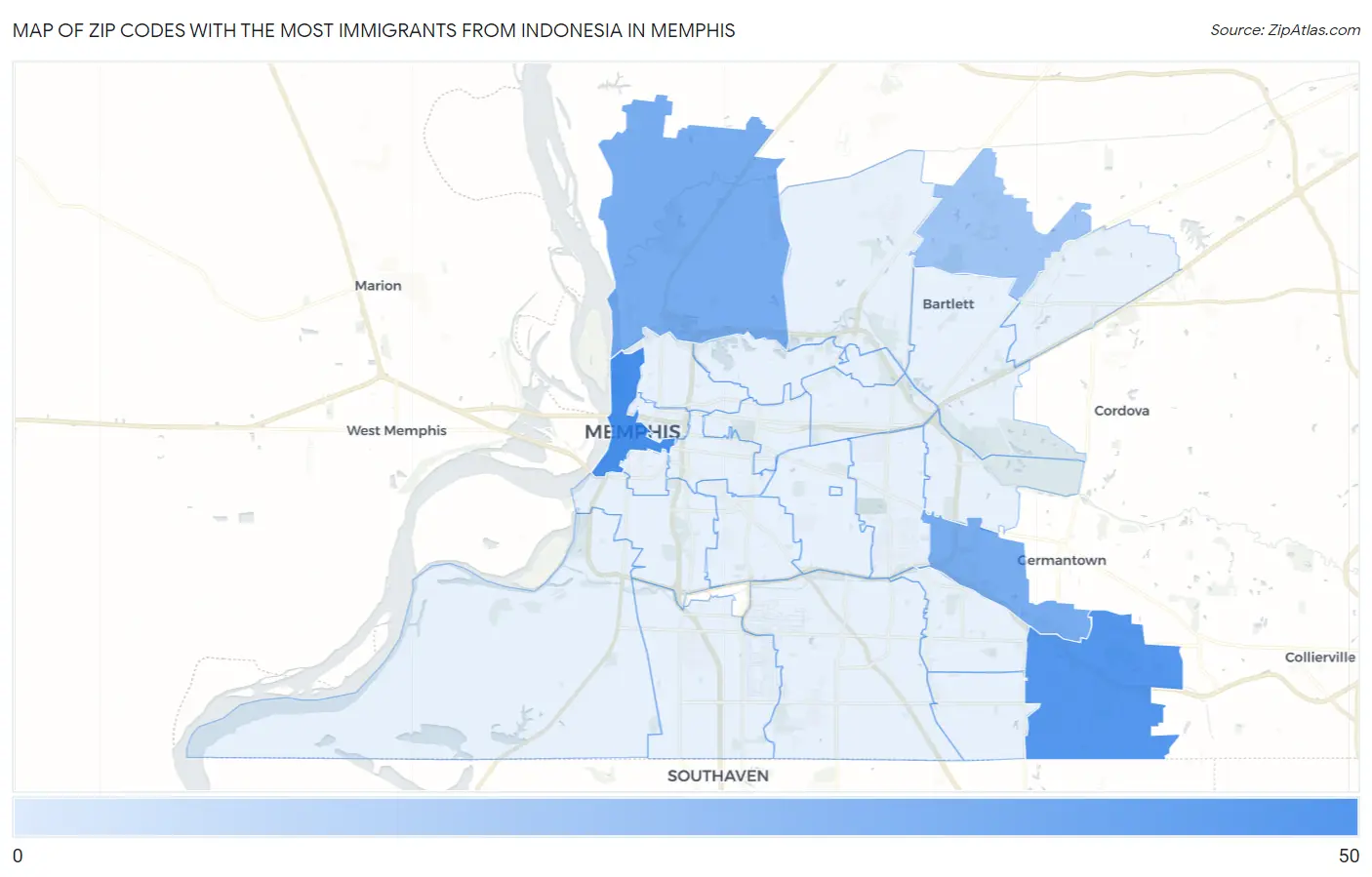Zip Codes with the Most Immigrants from Indonesia in Memphis Map