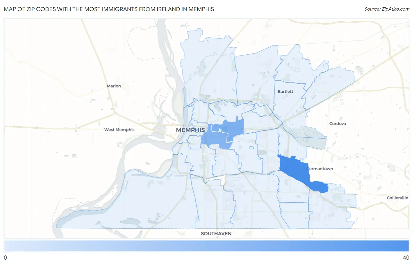 Zip Codes with the Most Immigrants from Ireland in Memphis Map