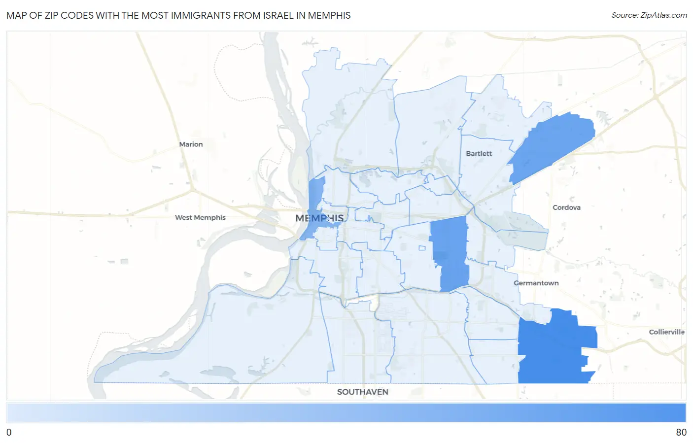 Zip Codes with the Most Immigrants from Israel in Memphis Map