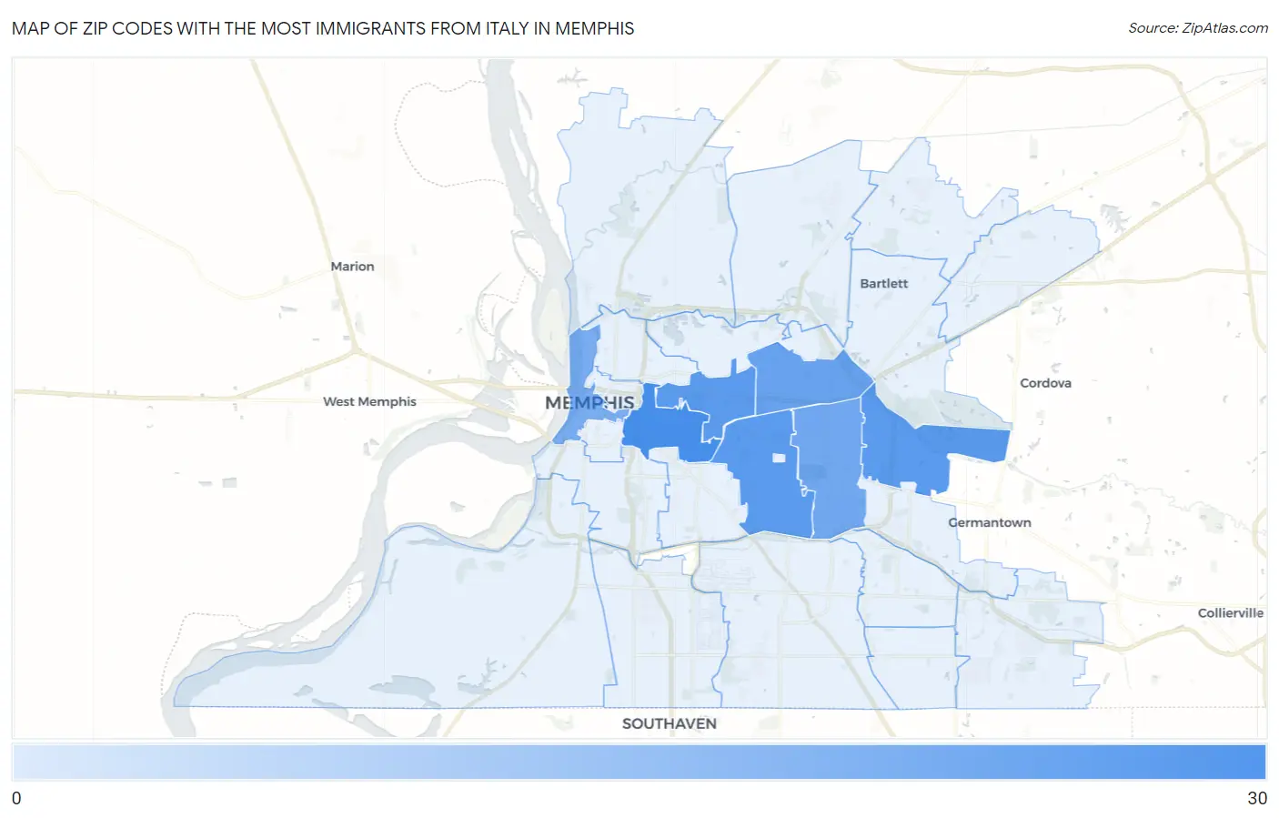 Zip Codes with the Most Immigrants from Italy in Memphis Map