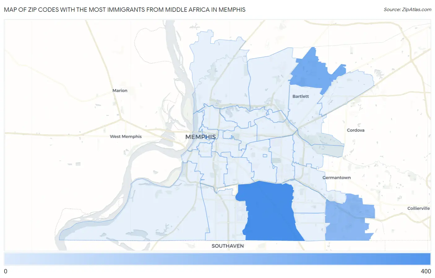 Zip Codes with the Most Immigrants from Middle Africa in Memphis Map