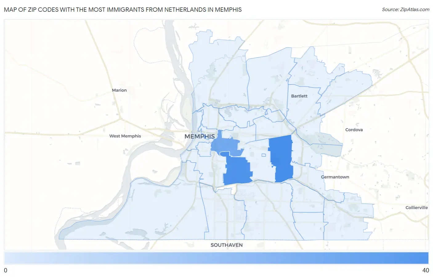 Zip Codes with the Most Immigrants from Netherlands in Memphis Map