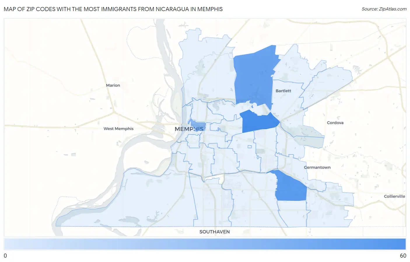 Zip Codes with the Most Immigrants from Nicaragua in Memphis Map
