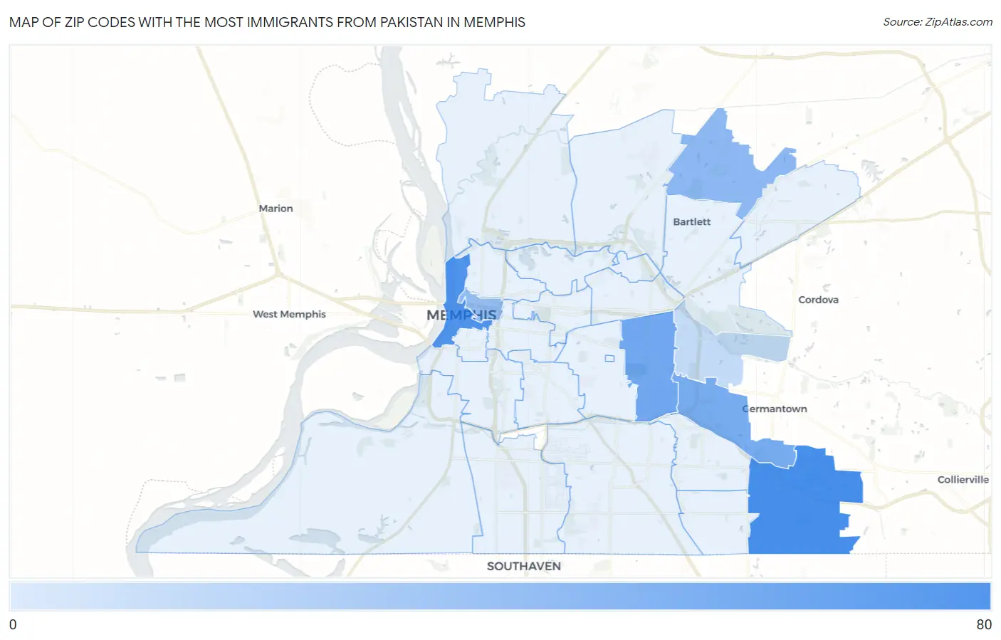 Zip Codes with the Most Immigrants from Pakistan in Memphis Map