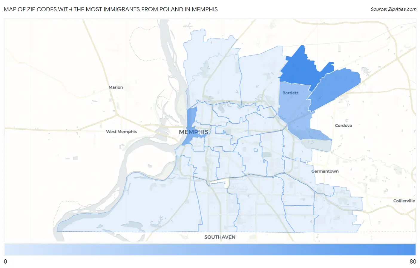 Zip Codes with the Most Immigrants from Poland in Memphis Map