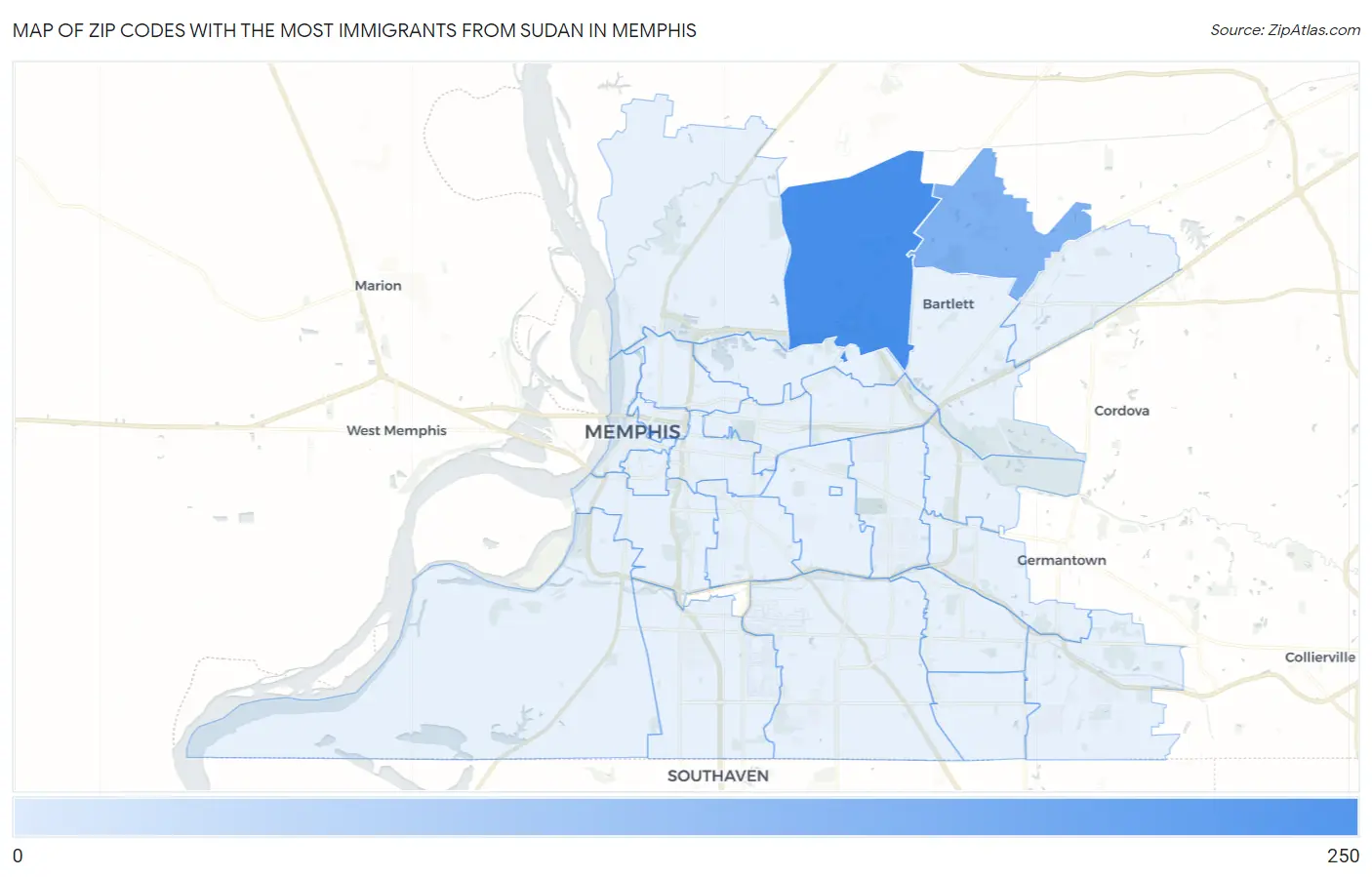 Zip Codes with the Most Immigrants from Sudan in Memphis Map