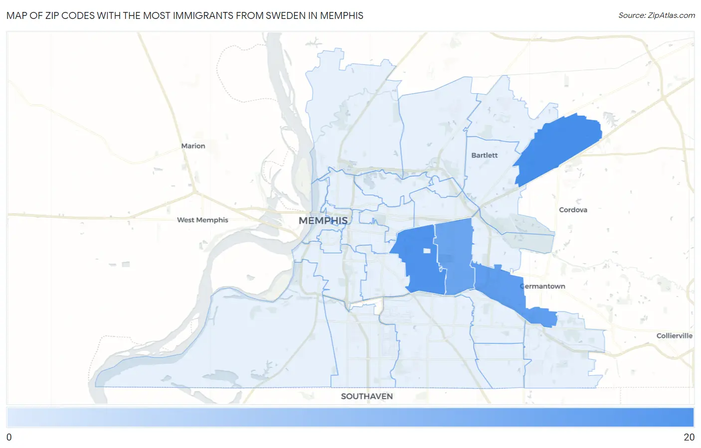Zip Codes with the Most Immigrants from Sweden in Memphis Map