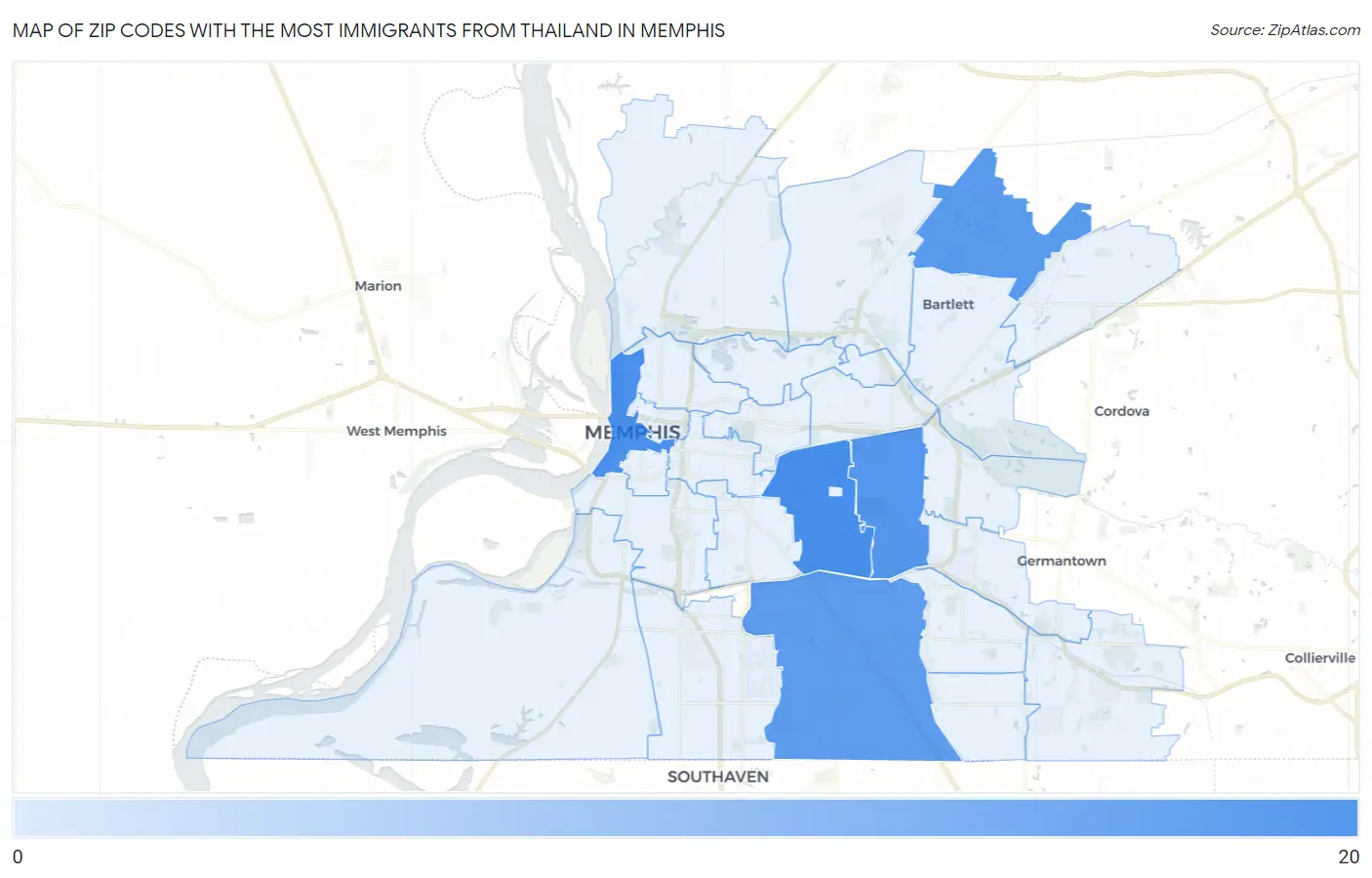Zip Codes with the Most Immigrants from Thailand in Memphis Map