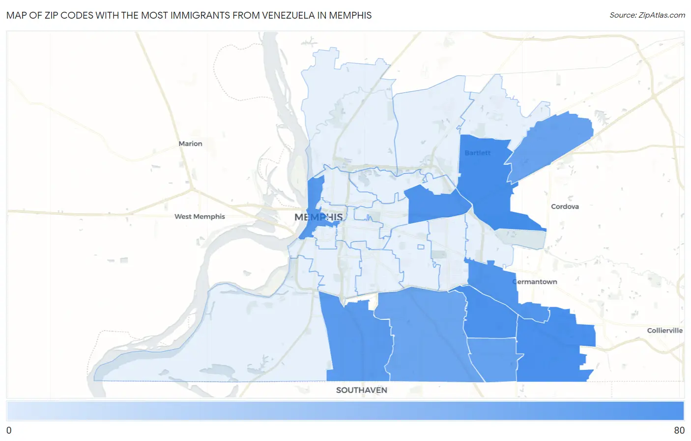 Zip Codes with the Most Immigrants from Venezuela in Memphis Map