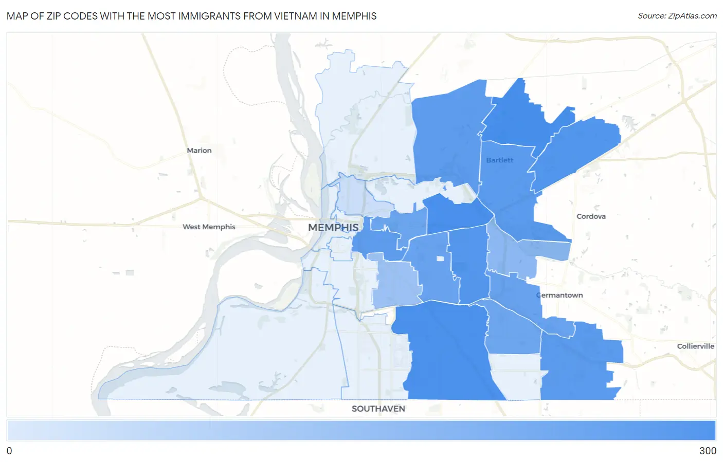 Zip Codes with the Most Immigrants from Vietnam in Memphis Map