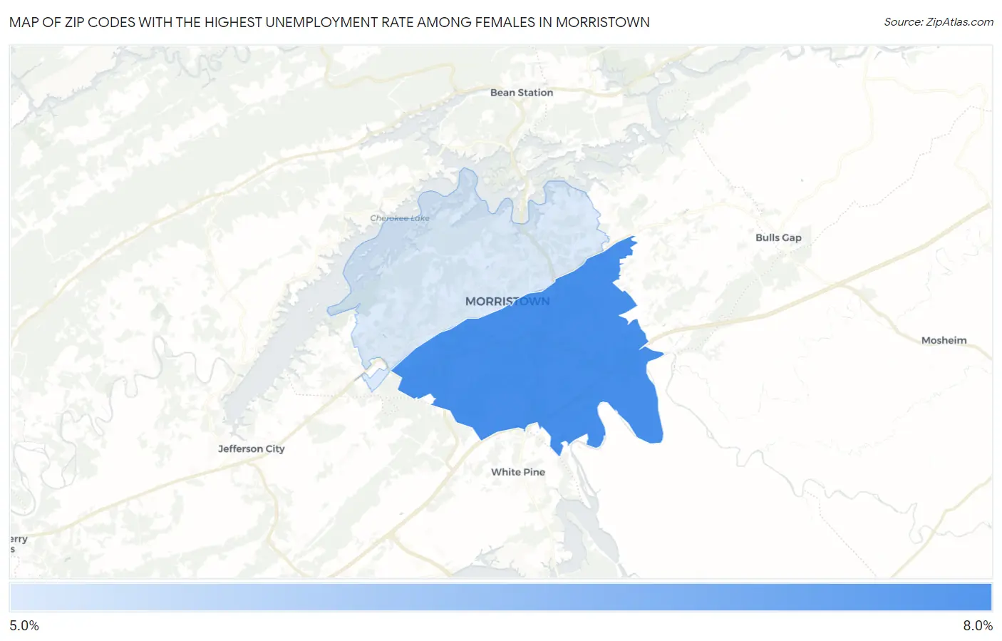Zip Codes with the Highest Unemployment Rate Among Females in Morristown Map