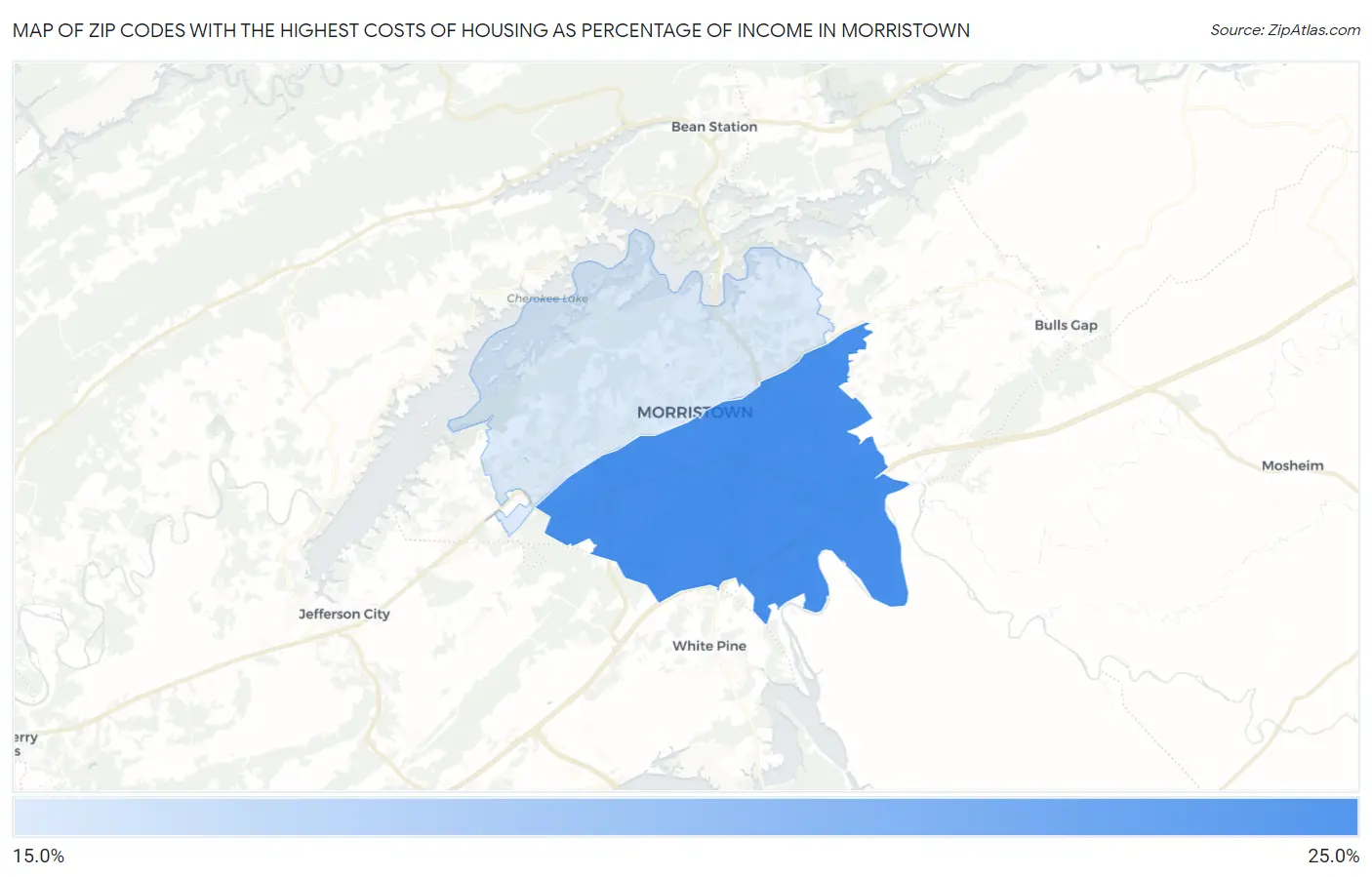 Zip Codes with the Highest Costs of Housing as Percentage of Income in Morristown Map