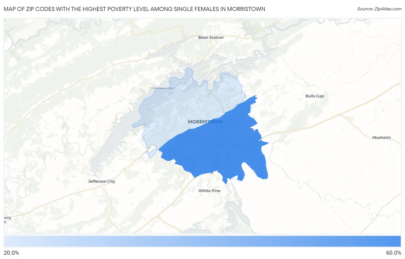 Zip Codes with the Highest Poverty Level Among Single Females in Morristown Map