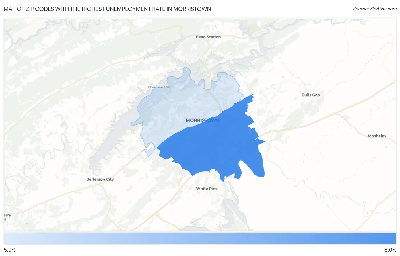 Zip Codes with the Highest Unemployment Rate in Morristown Map