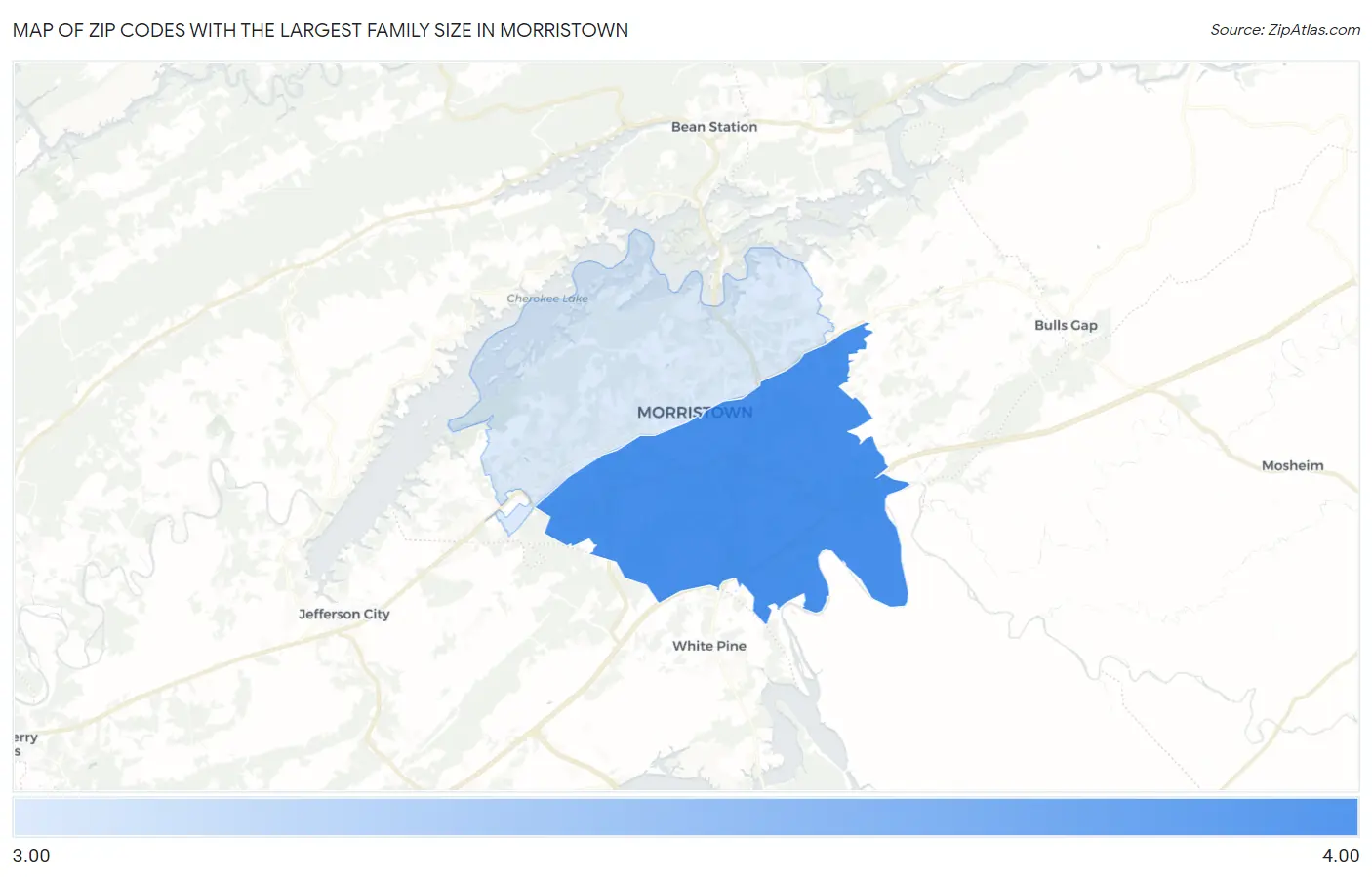 Zip Codes with the Largest Family Size in Morristown Map
