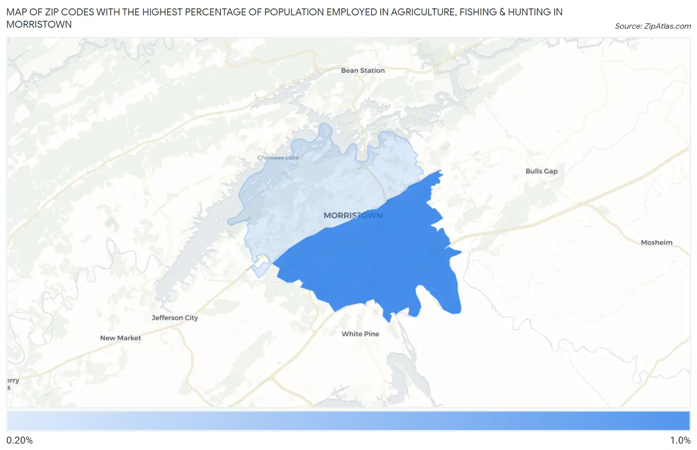 Zip Codes with the Highest Percentage of Population Employed in Agriculture, Fishing & Hunting in Morristown Map