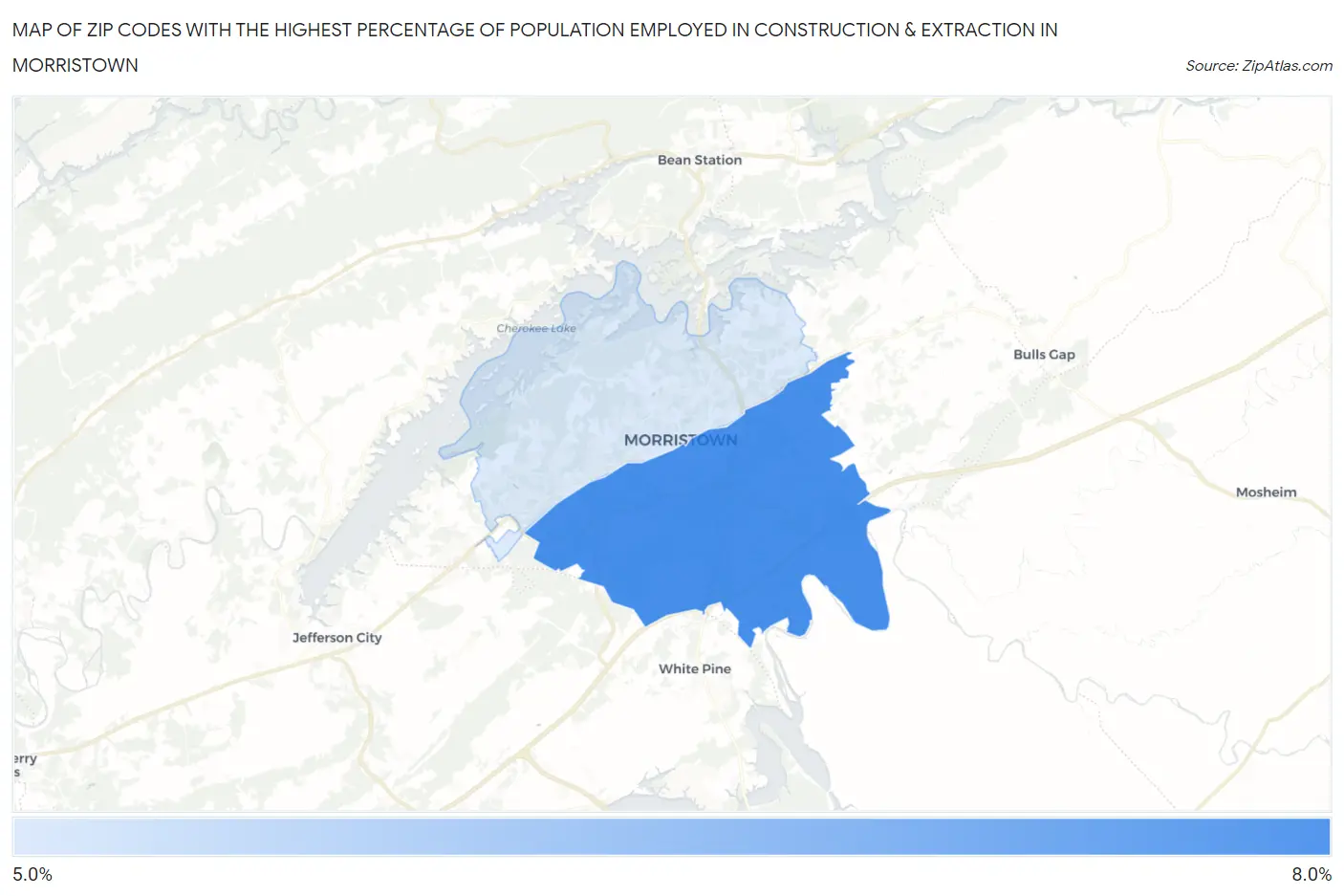 Zip Codes with the Highest Percentage of Population Employed in Construction & Extraction in Morristown Map