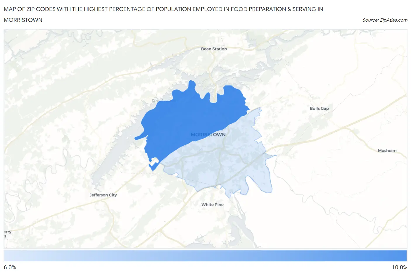 Zip Codes with the Highest Percentage of Population Employed in Food Preparation & Serving in Morristown Map