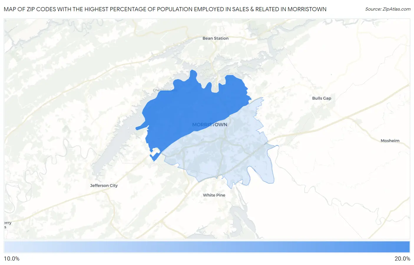Zip Codes with the Highest Percentage of Population Employed in Sales & Related in Morristown Map