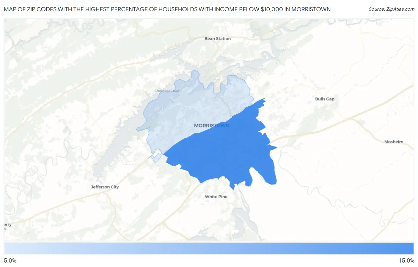 Zip Codes with the Highest Percentage of Households with Income Below $10,000 in Morristown Map