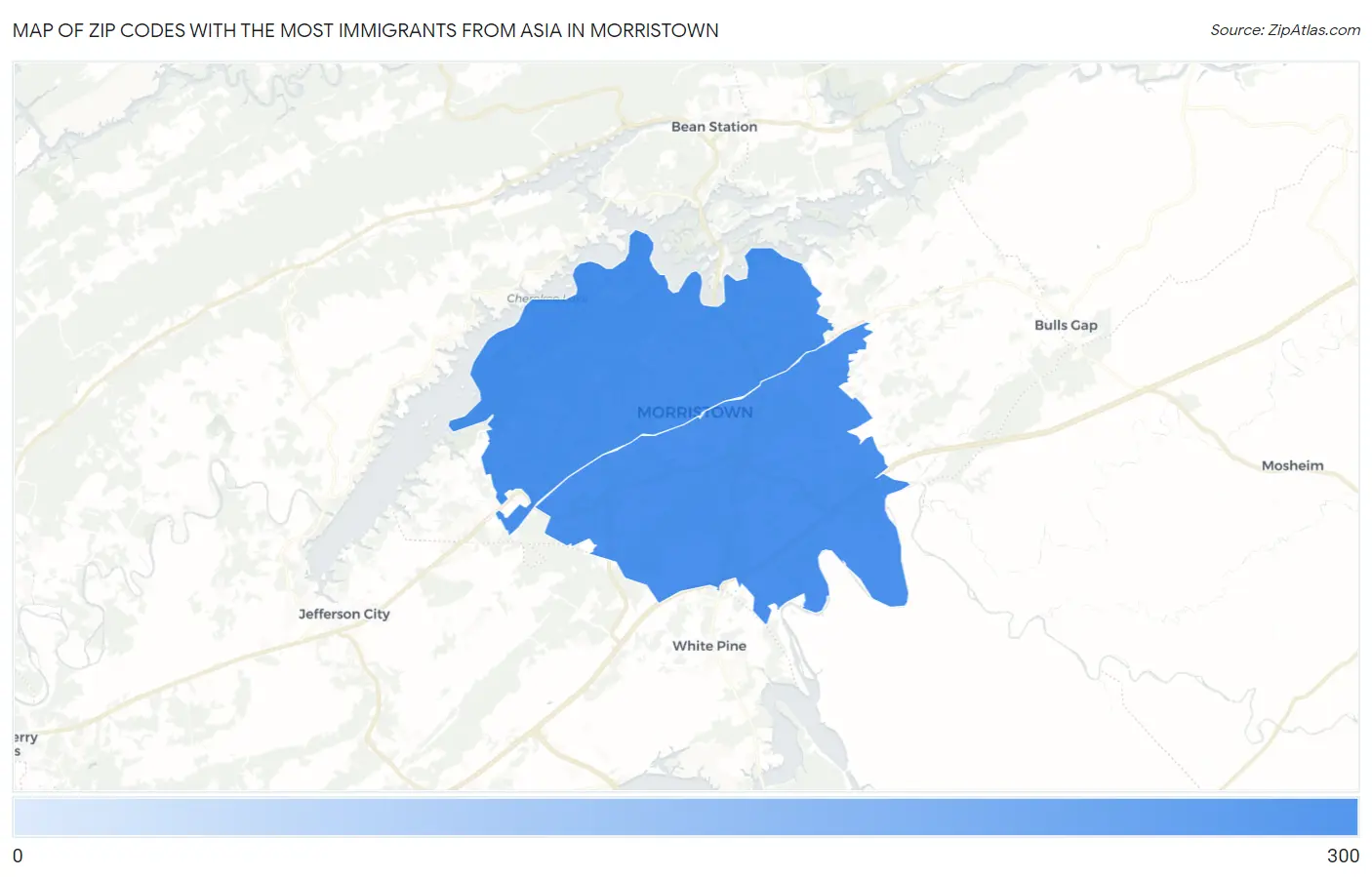 Zip Codes with the Most Immigrants from Asia in Morristown Map