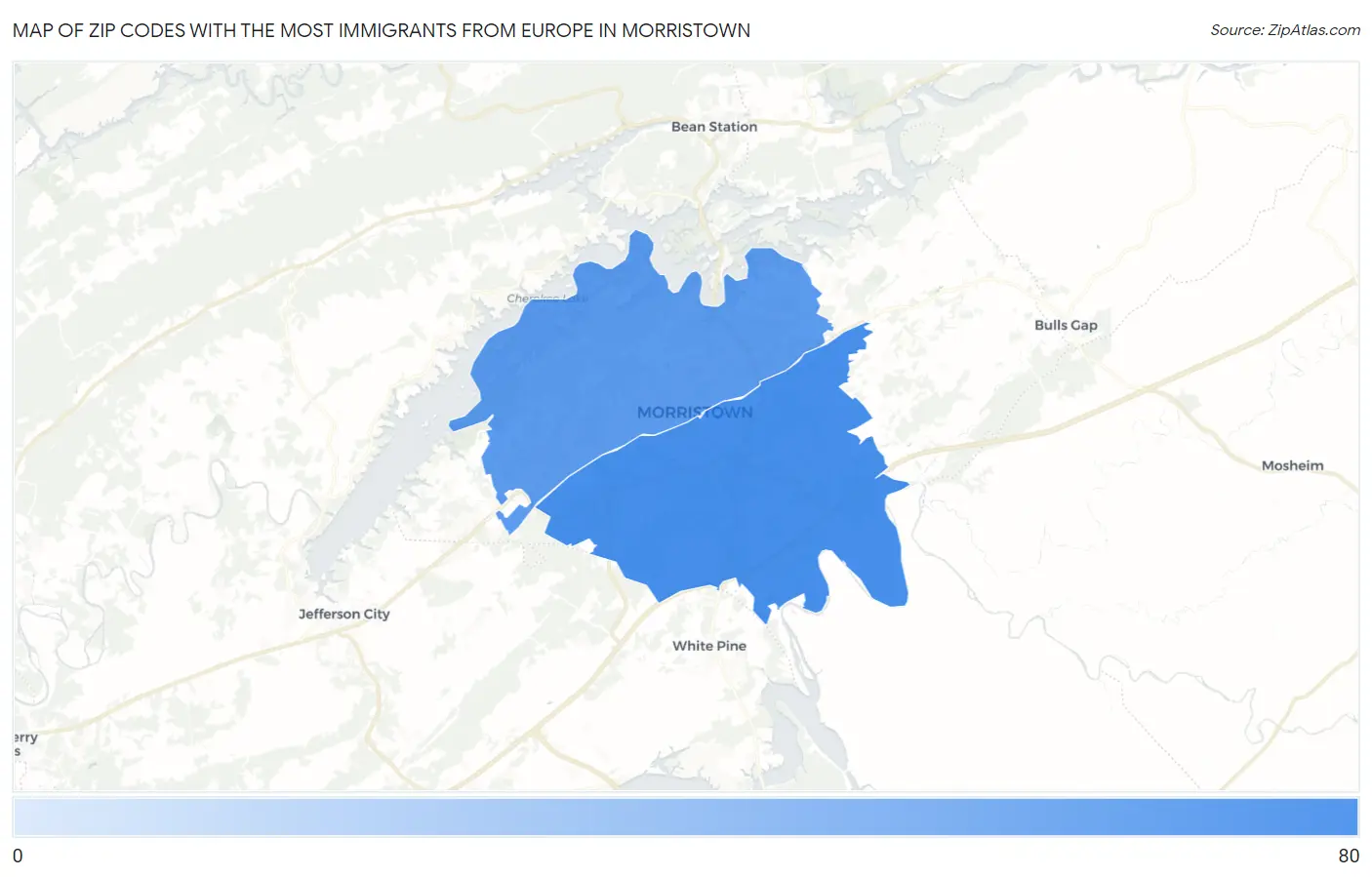 Zip Codes with the Most Immigrants from Europe in Morristown Map