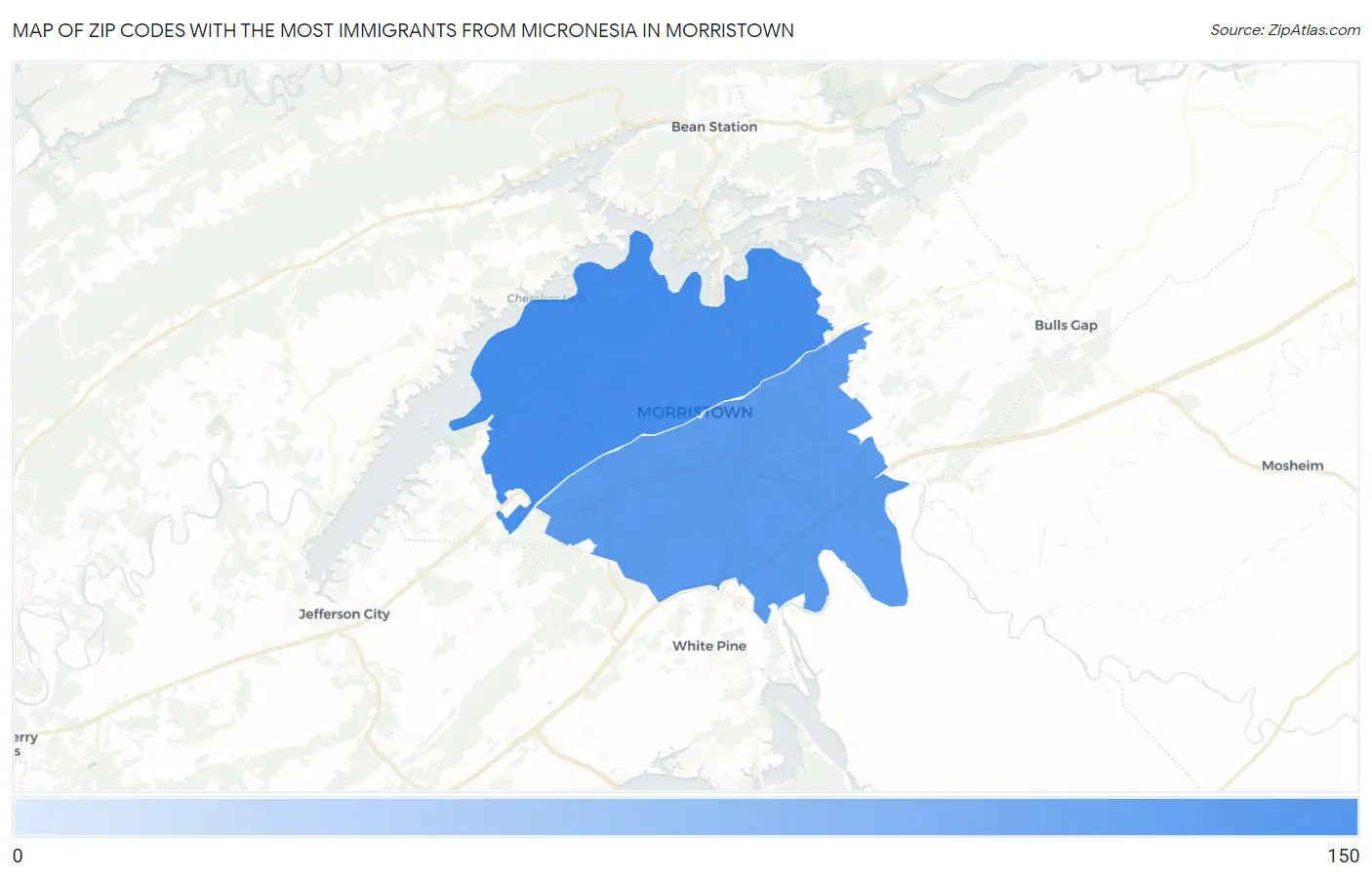 Zip Codes with the Most Immigrants from Micronesia in Morristown Map