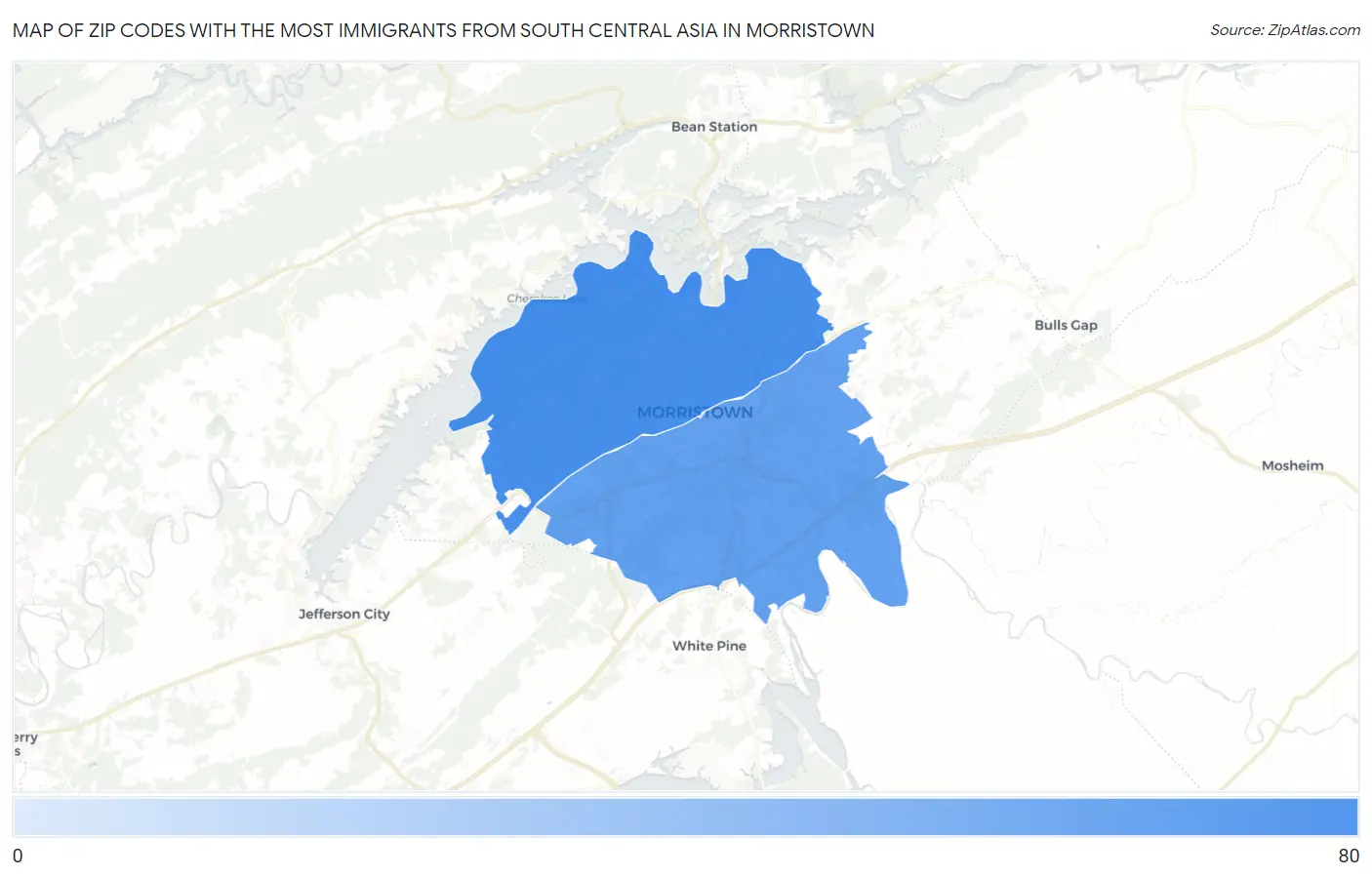 Zip Codes with the Most Immigrants from South Central Asia in Morristown Map