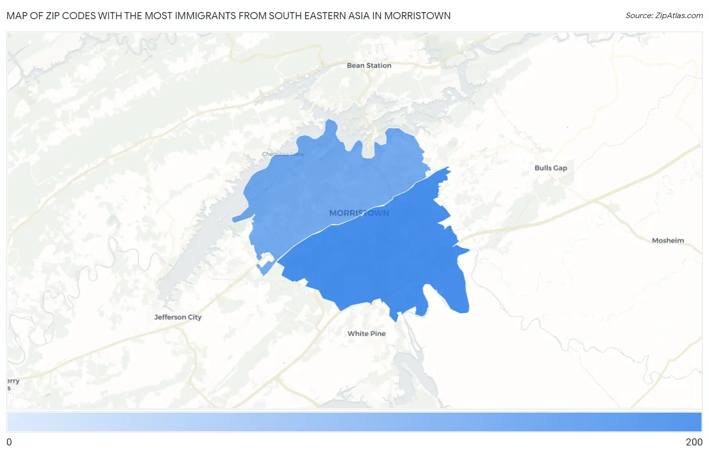 Zip Codes with the Most Immigrants from South Eastern Asia in Morristown Map