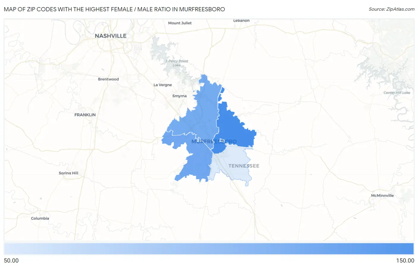 Zip Codes with the Highest Female / Male Ratio in Murfreesboro Map