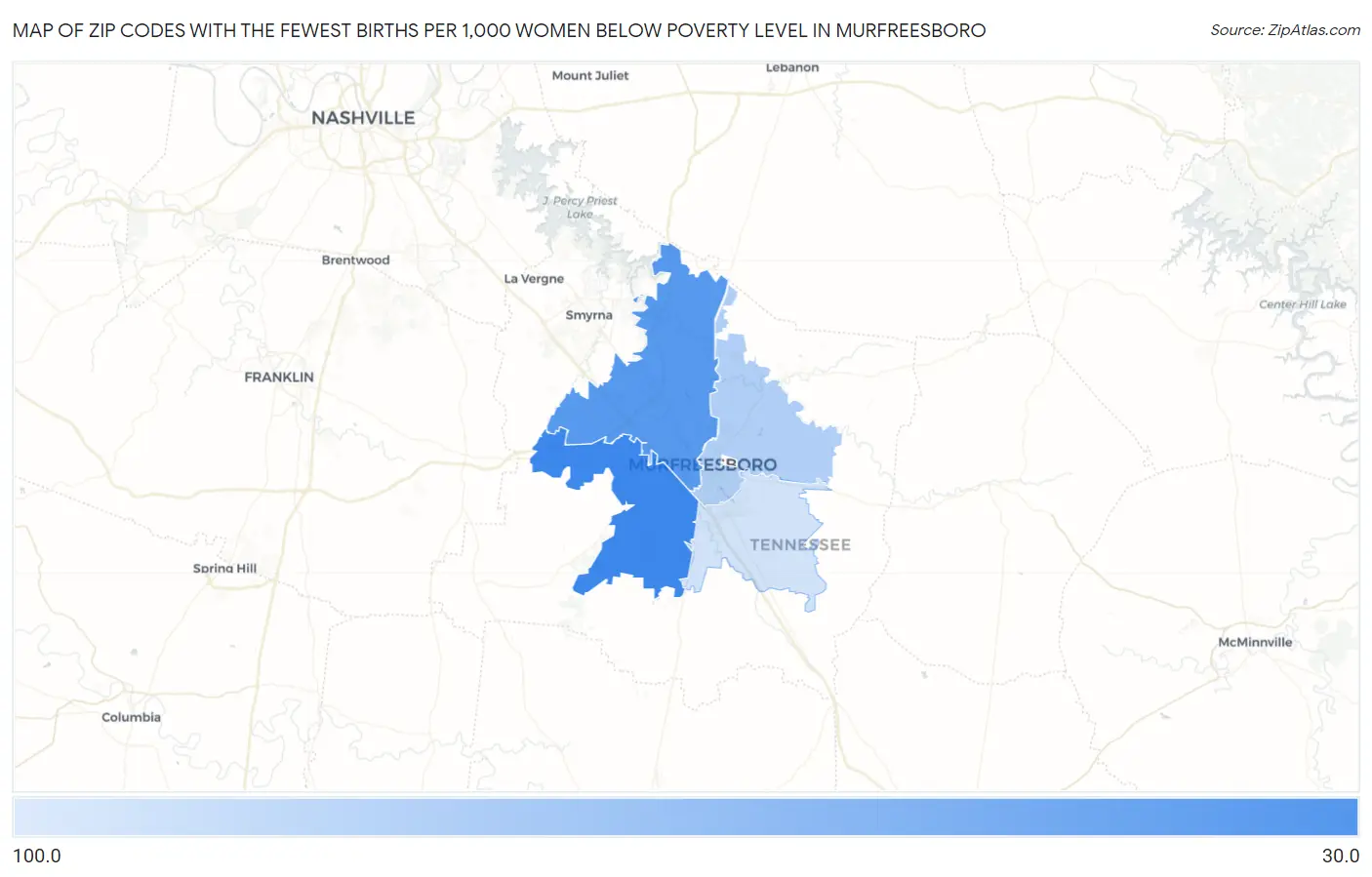 Zip Codes with the Fewest Births per 1,000 Women Below Poverty Level in Murfreesboro Map