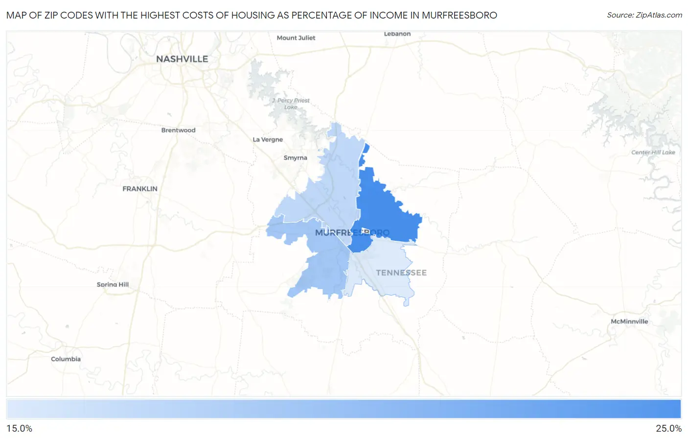 Zip Codes with the Highest Costs of Housing as Percentage of Income in Murfreesboro Map