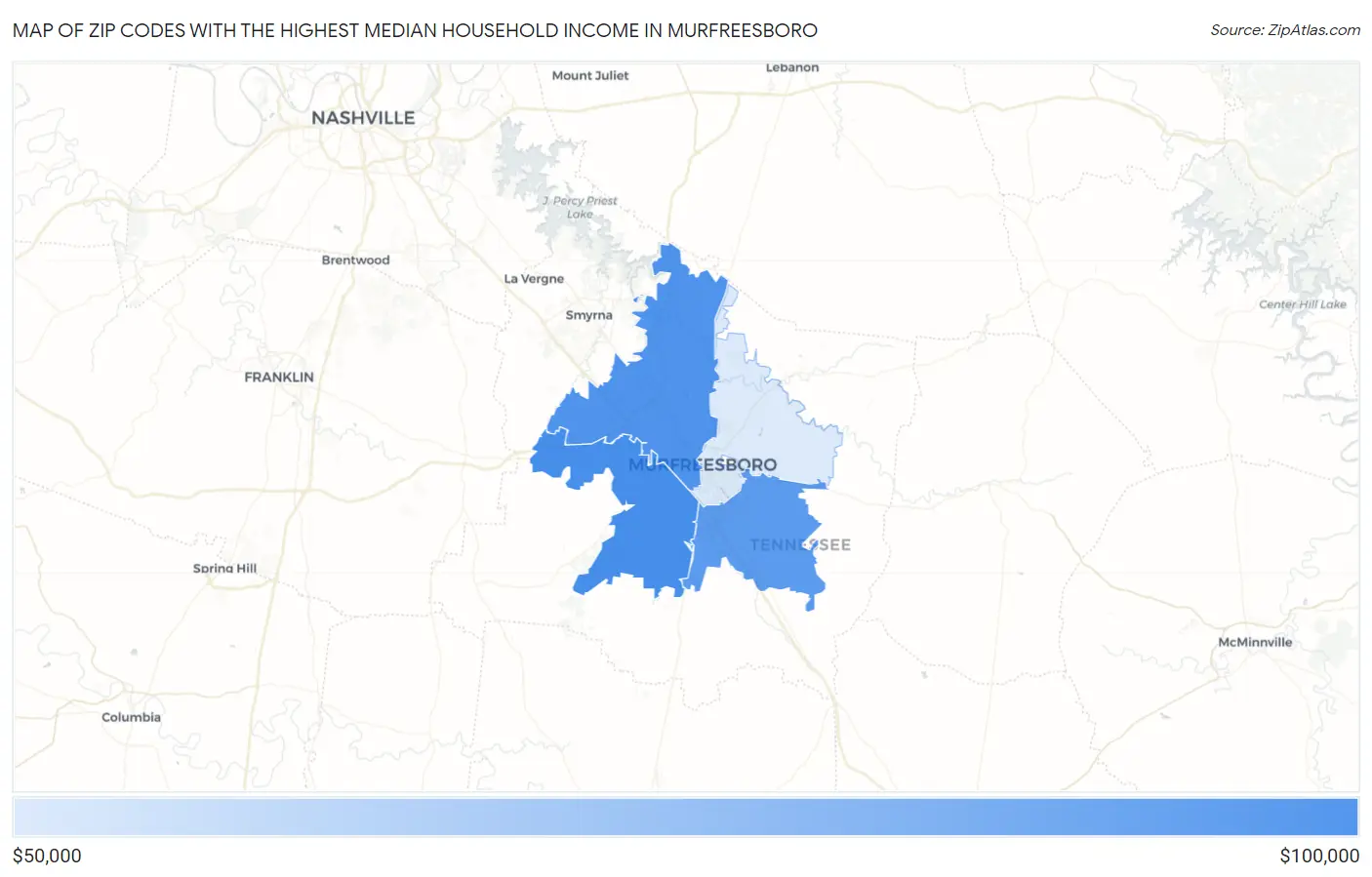 Zip Codes with the Highest Median Household Income in Murfreesboro Map