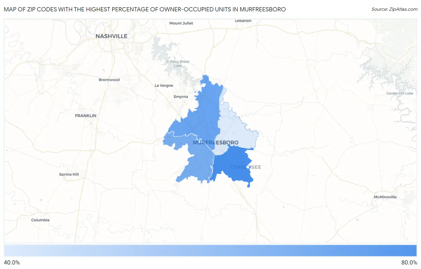 Zip Codes with the Highest Percentage of Owner-Occupied Units in Murfreesboro Map