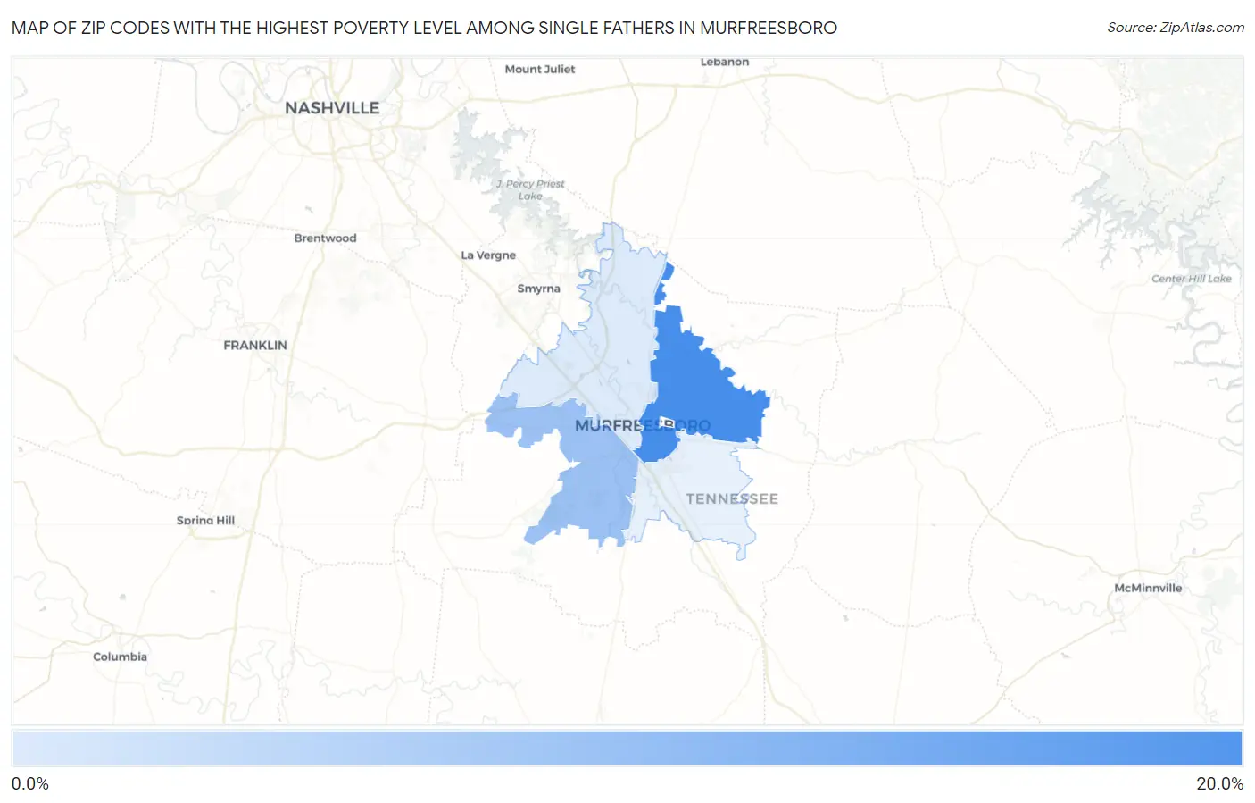 Zip Codes with the Highest Poverty Level Among Single Fathers in Murfreesboro Map